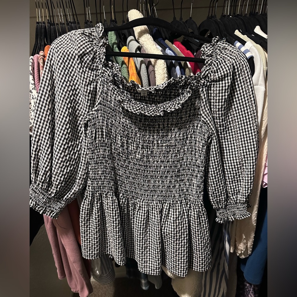 Black and White Gingham Smocked Top